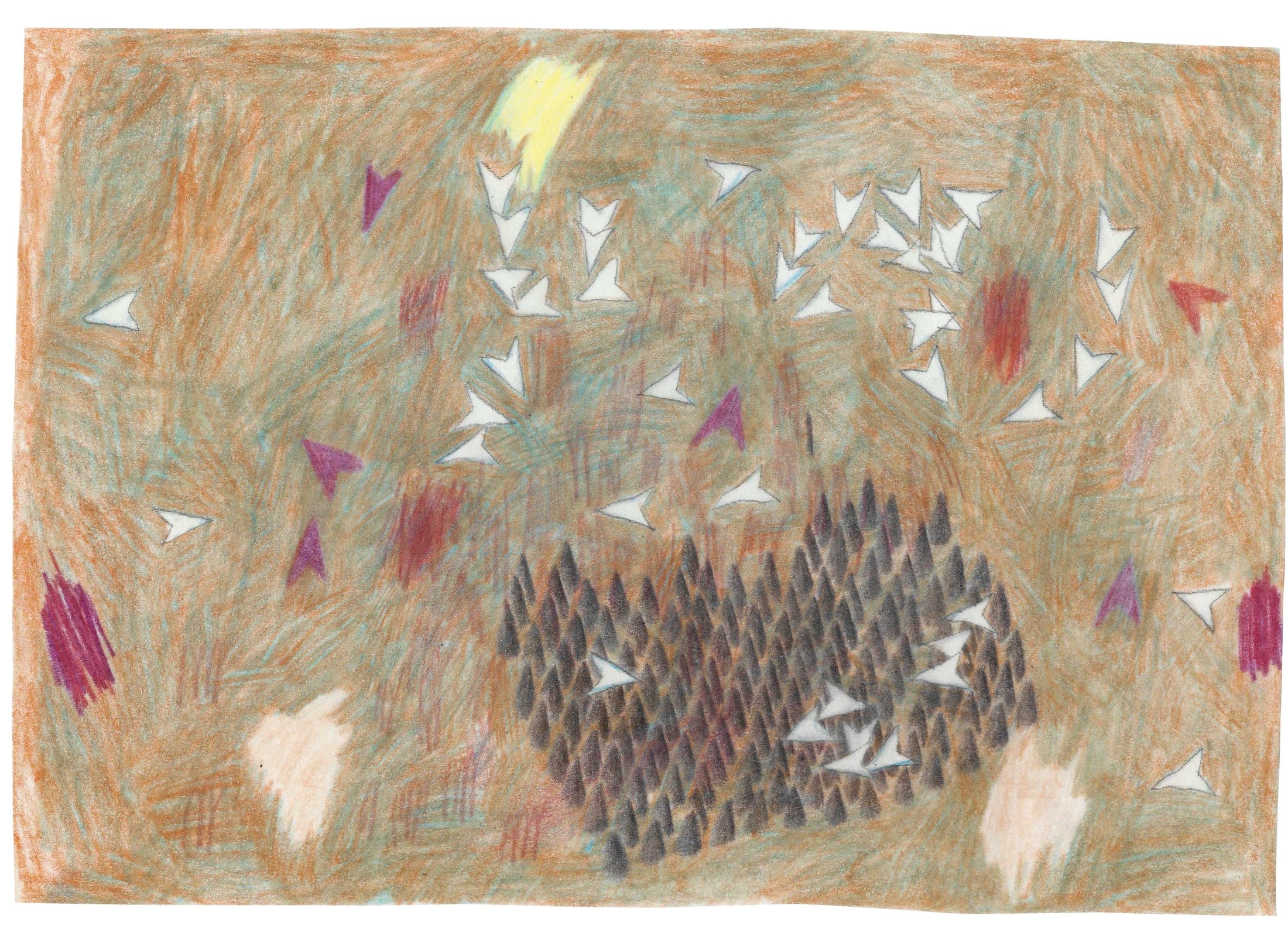 Anti Trespass Feeling, 2026. Coloured pencil, pencil, cartridge paper, linseed oil.