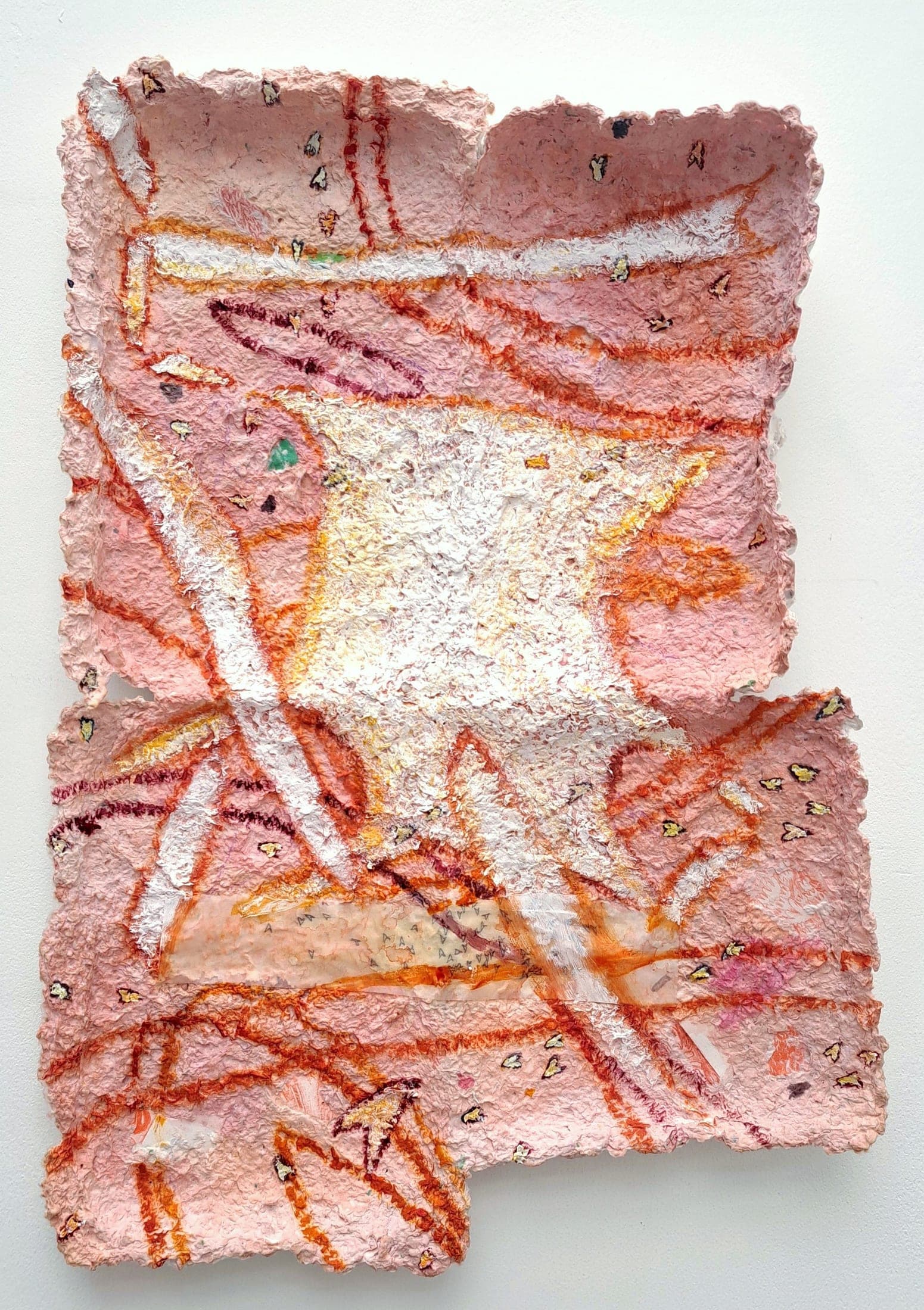 Before I Land, 2026. Oil paint, acrylic paint, coloured pencil, gesso, paper pulp cast, drypoint, etching, oiled paper.