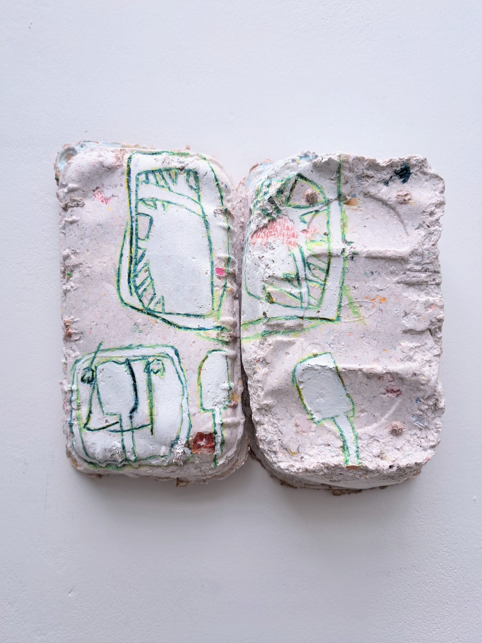 End Of The Line, 2026. Oil paint, coloured pencil, gesso, paper pulp cast, drypoint etching.