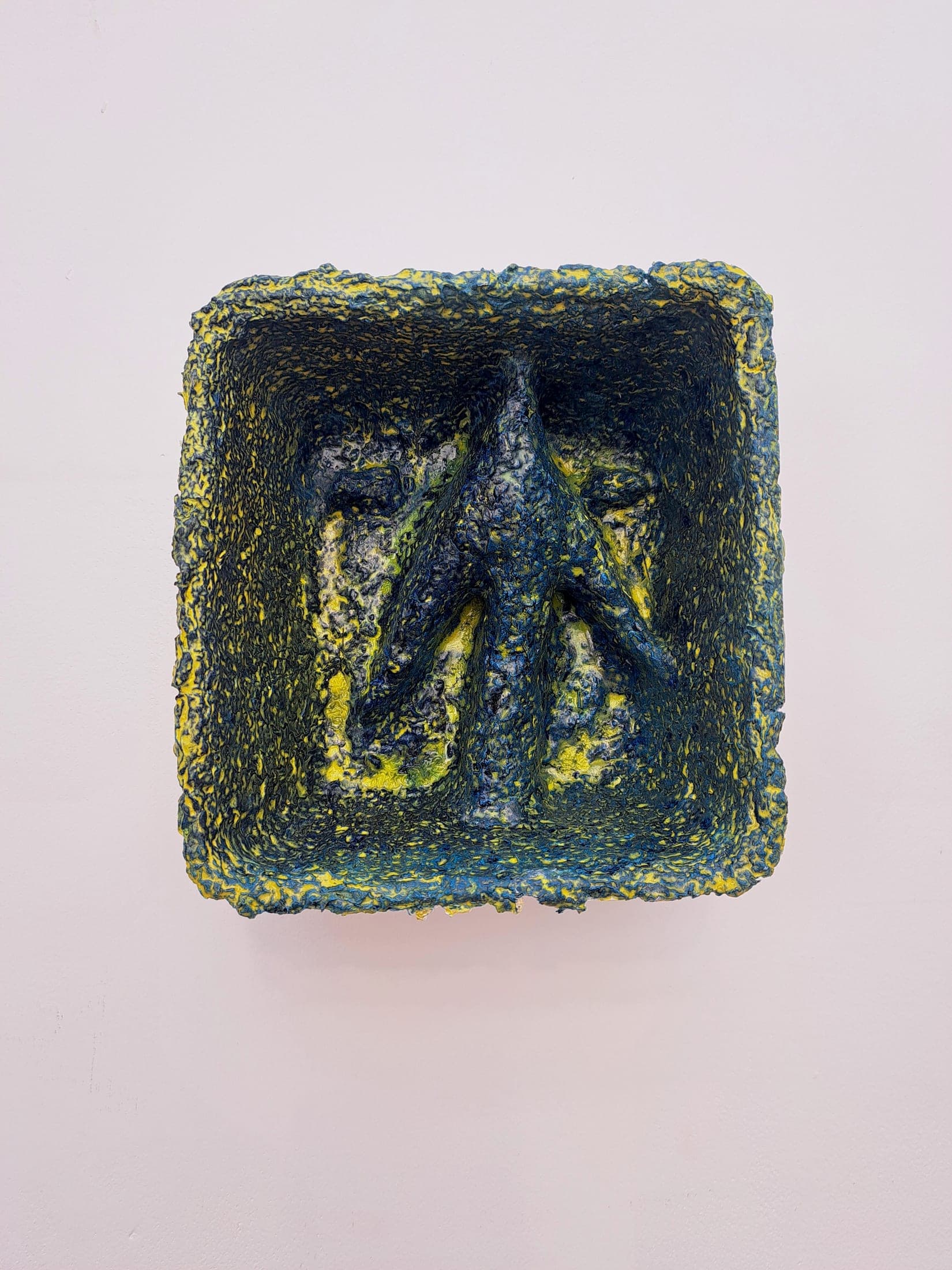 Going Forward, 2026. Oil paint, coloured pencil, gesso, paper pulp cast.