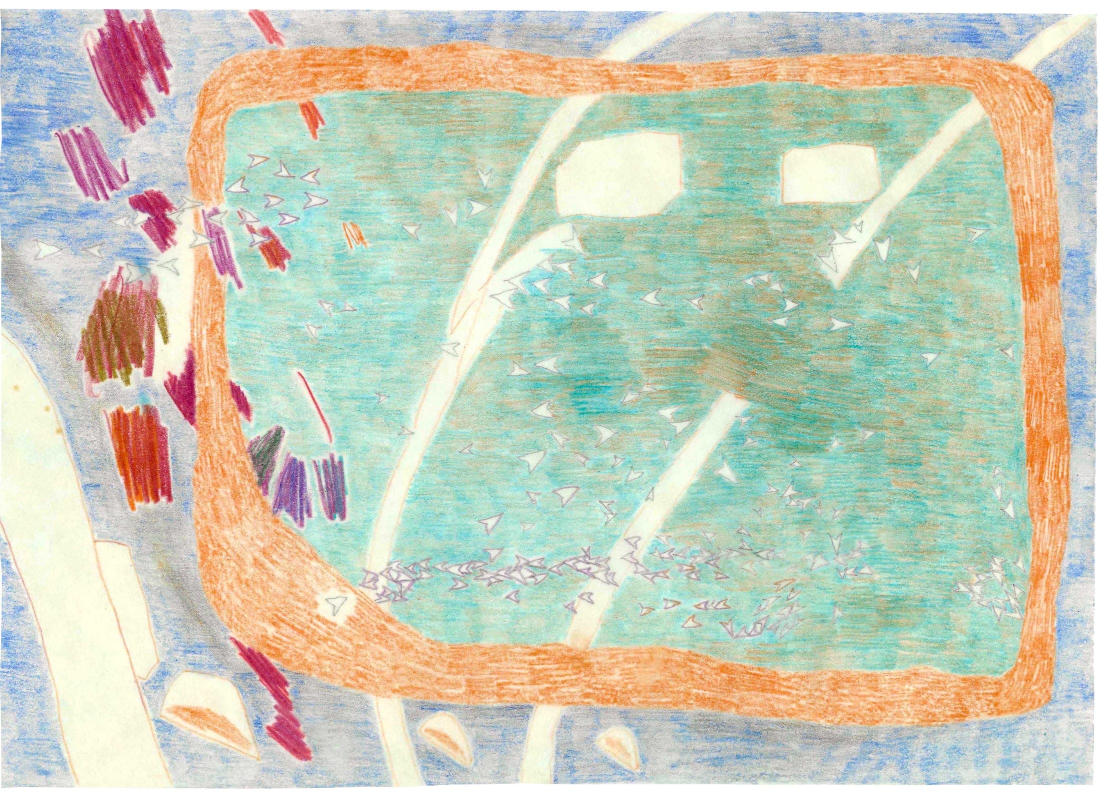 Grief in the tv, 2026. Coloured pencil, pencil, cartridge paper, linseed oil.