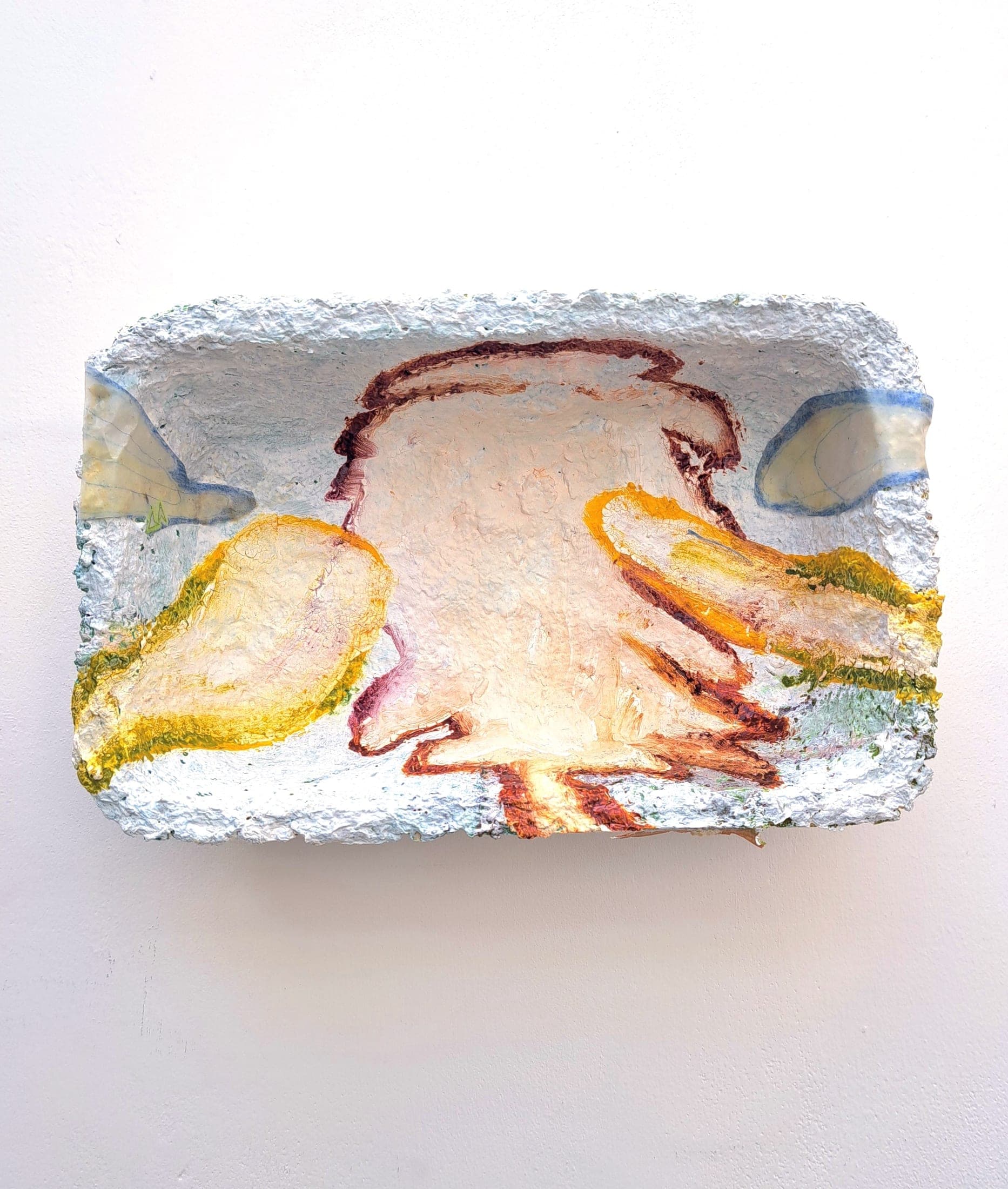 Reaching, 2026. Oil paint, gesso, paper pulp cast, coloured pencil, paper collage, wax.
