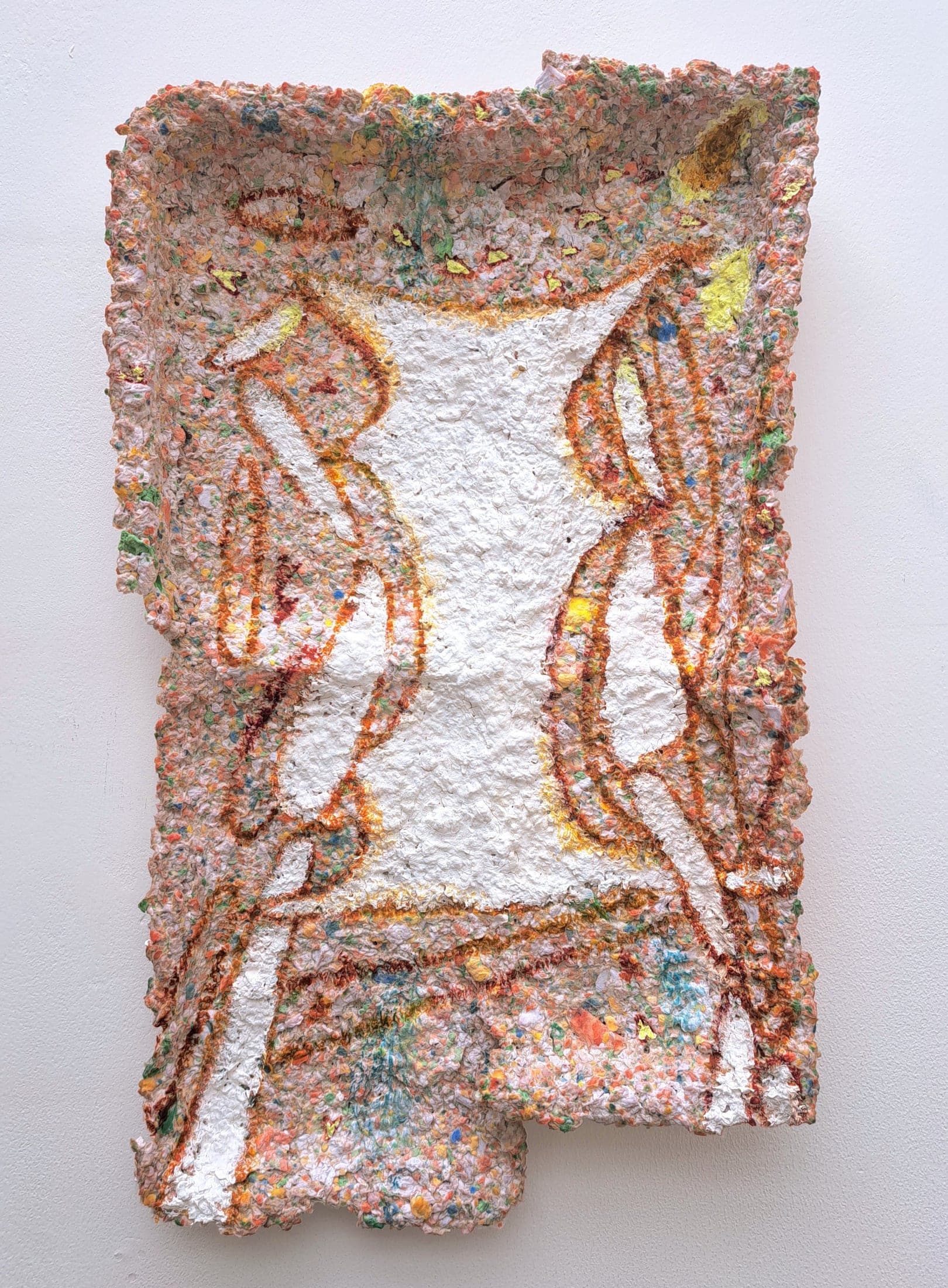 Spending time with, 2026. Oil paint, coloured pencil, gesso, paper pulp cast.