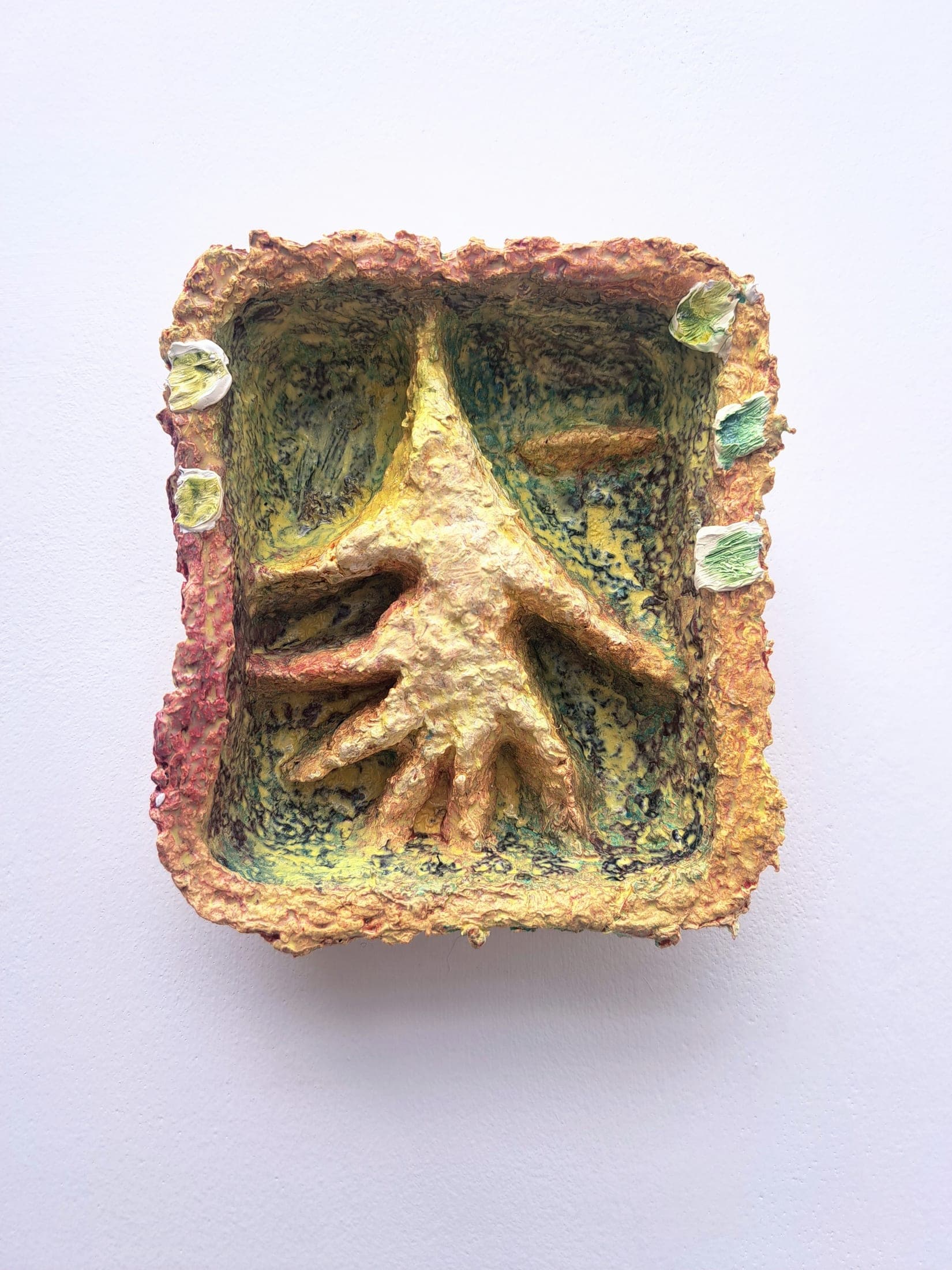 Tree Holding, 2026. Oil paint, gesso, paper pulp cast.
